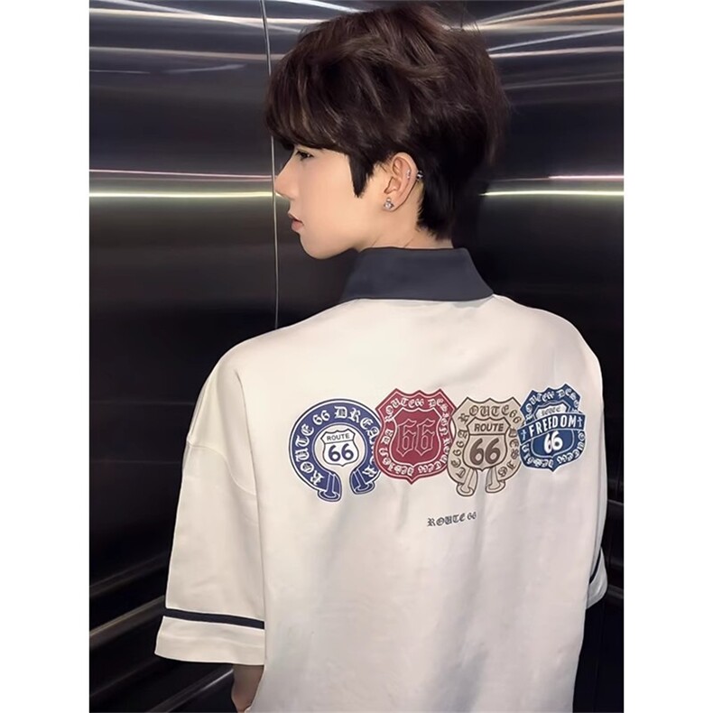 美式复古半拉链polo衫男夏季纯棉透气dk短袖学院风休闲短袖,男装T恤,星座1210-1
