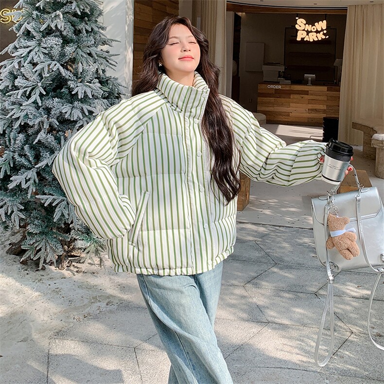 绿色条纹羽绒服女冬季2025新款高级感韩系设计感学院风加厚面包服图片