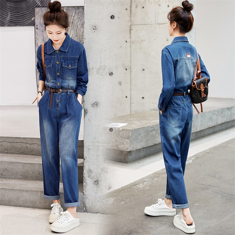 牛仔连体裤女2025春夏新款韩版时尚高腰宽松休闲显瘦工装连衣裤潮，女装连体裤，E百度