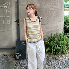 松紧腰木耳边拼接休闲阔腿裤女夏2025新款宽松显瘦棉麻直筒九分裤，女装套装/套裙，2C135