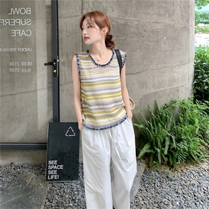 松紧腰木耳边拼接休闲阔腿裤女夏2025新款宽松显瘦棉麻直筒九分裤图片