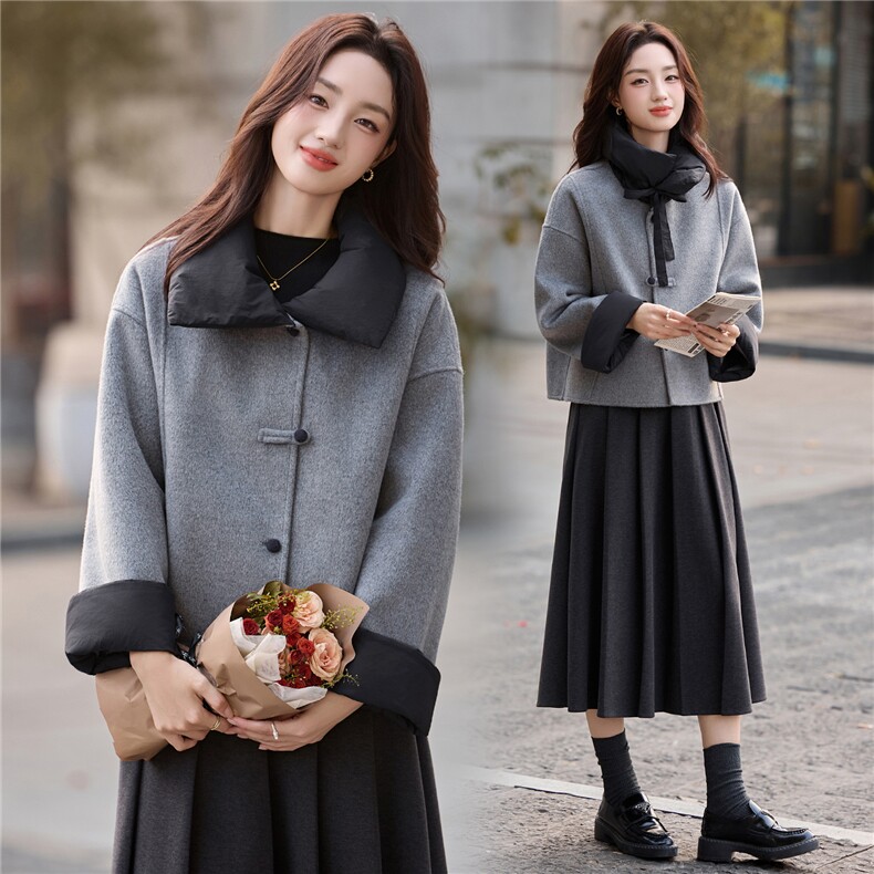 现货手工缝制冬季保暖新款时尚舒适可脱卸领带双面呢拼接短款外套，女装双面呢大衣，韩美纤衣