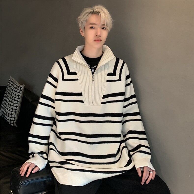 春秋季慵懒风落肩条纹撞色毛衣男休闲情侣半高领针织衫M34-P68,男装针织衫/毛衣,电商C307
