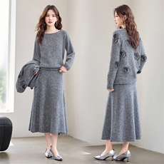 重工艺现货！秋季新款宽松时尚重工艺圆领亮片温柔气质三件套裙女，女装套装/套裙，央宝儿