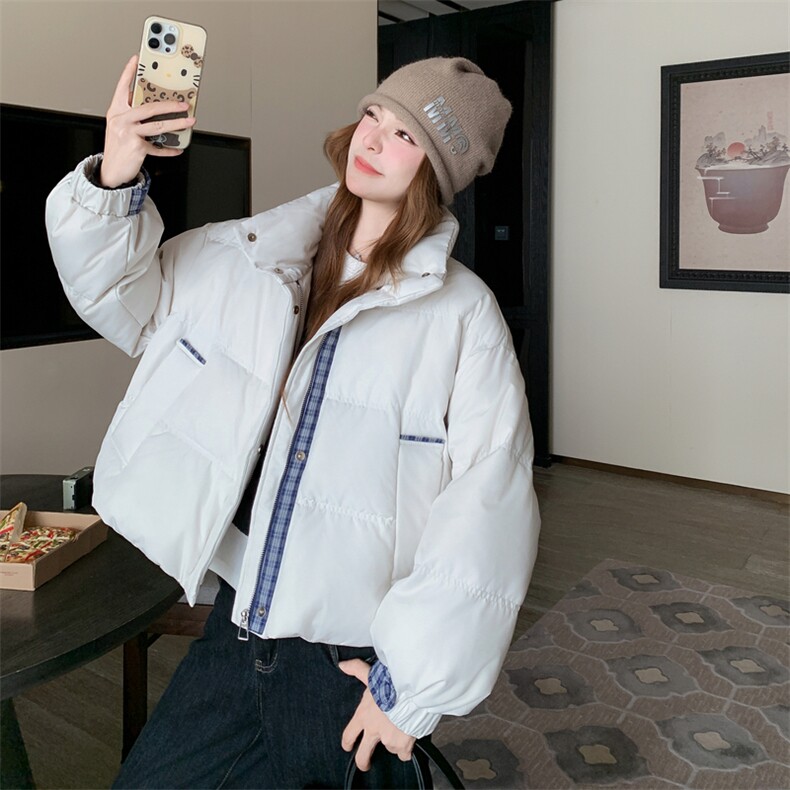 2025新款羽绒服女短款韩版立领拼格面包服小个子保暖外套潮,女装羽绒服,2C278