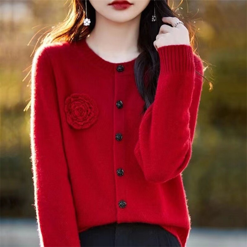 新款安哥拉红毛衣外套女羊毛衫重工绣花宽松针织开衫百搭洋气百搭，女装针织衫/毛衣，萱芳婷羊绒