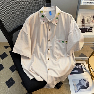 2025夏新款条纹短袖衬衫花朵刺绣半袖情侣学生班服现货W8601-P34图片