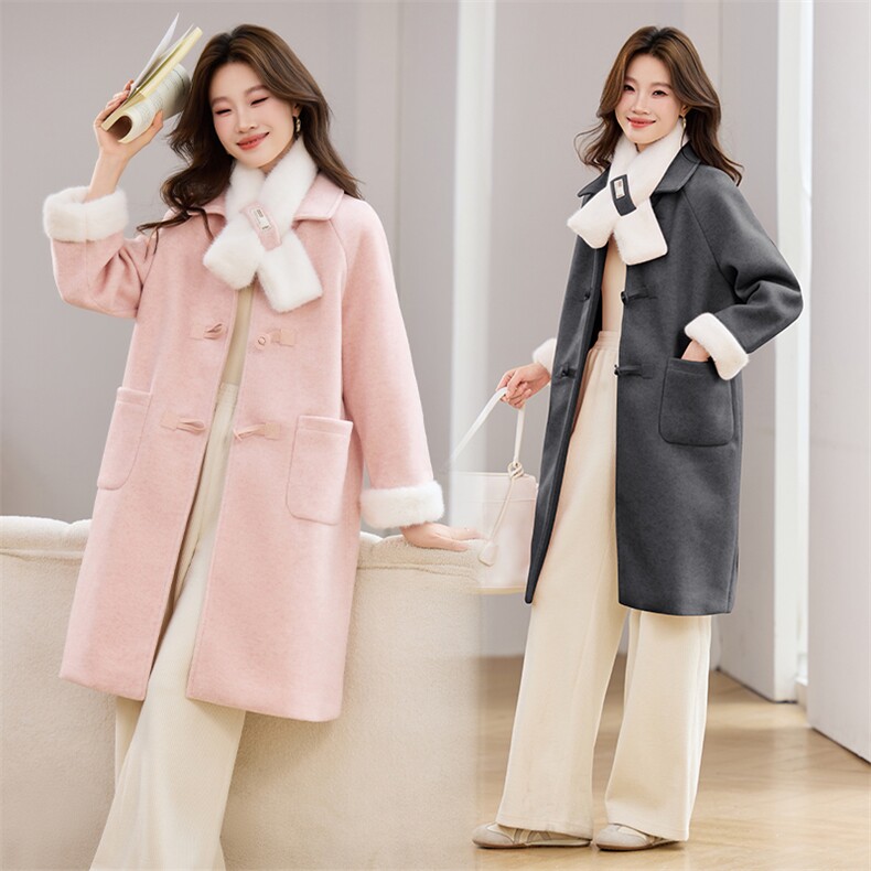 撞色毛绒拼接复古盘扣呢大衣女2025冬季新款甜酷减龄长款毛呢外套，女装毛呢外套，江南富贵女