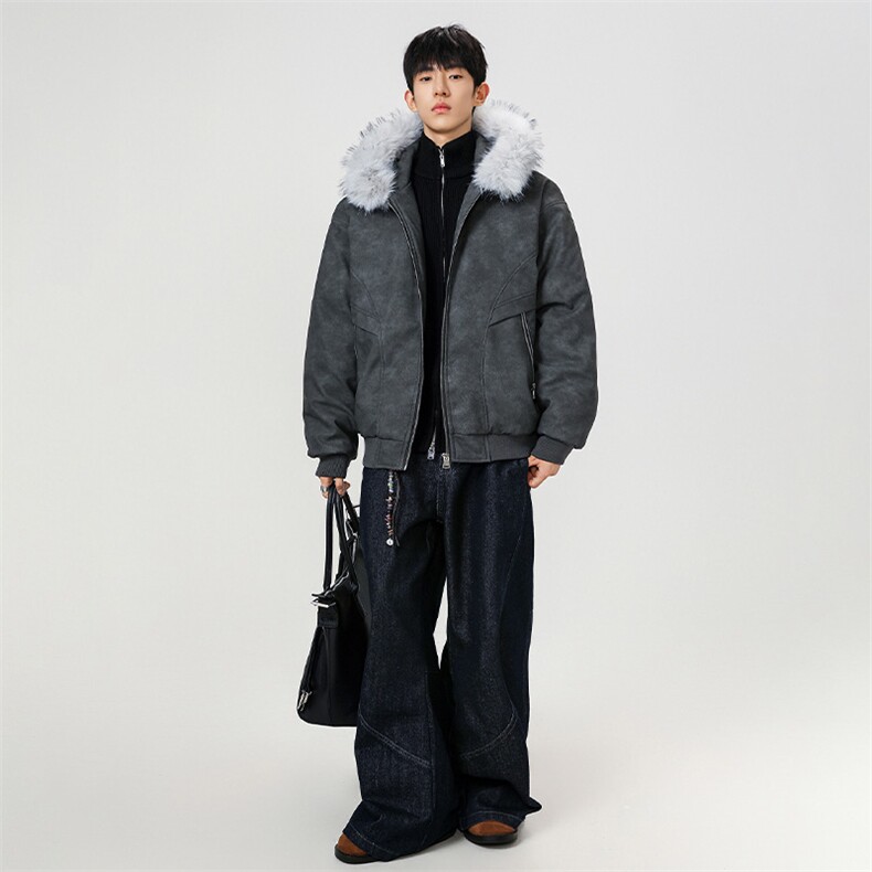 现货扎染PU皮棉服男冬季加厚连帽棉衣座山雕大毛领外套M090-P120,男装棉衣,星座308B-2