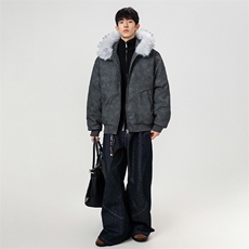 现货扎染PU皮棉服男冬季加厚连帽棉衣座山雕大毛领外套M090-P120，男装棉衣，星座308B-2