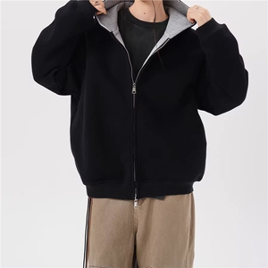 现货！WY809-尺码M-3XL-P55-460克拼色开衫卫衣连帽宽松外套图片