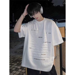 wassup happy字母钢印短袖t恤男夏季薄款潮牌美式半袖休闲五分袖图片