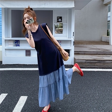 法式藏青色拼接无袖背心连衣裙女夏2025新款轻奢高级感巨好看别致，女装连衣裙，维壹