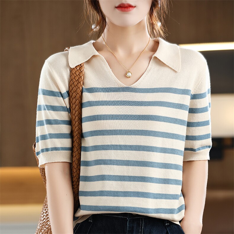 2024新款法式V领条纹短袖上衣休闲百搭，女装针织衫/毛衣，玛莎羊绒