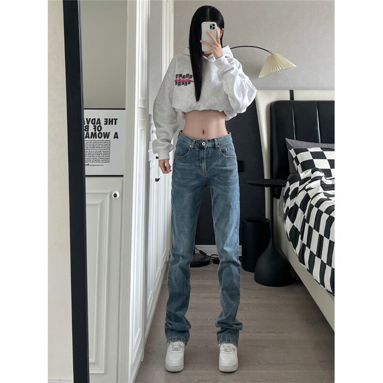 美式高街直筒修身水洗蓝牛仔裤弹力窄版微喇叭加长裤子男女XX720图片