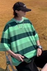 wassuphappy日系条纹短袖t恤男夏季潮流宽松五分袖大码休闲半袖，男装T恤，星座109