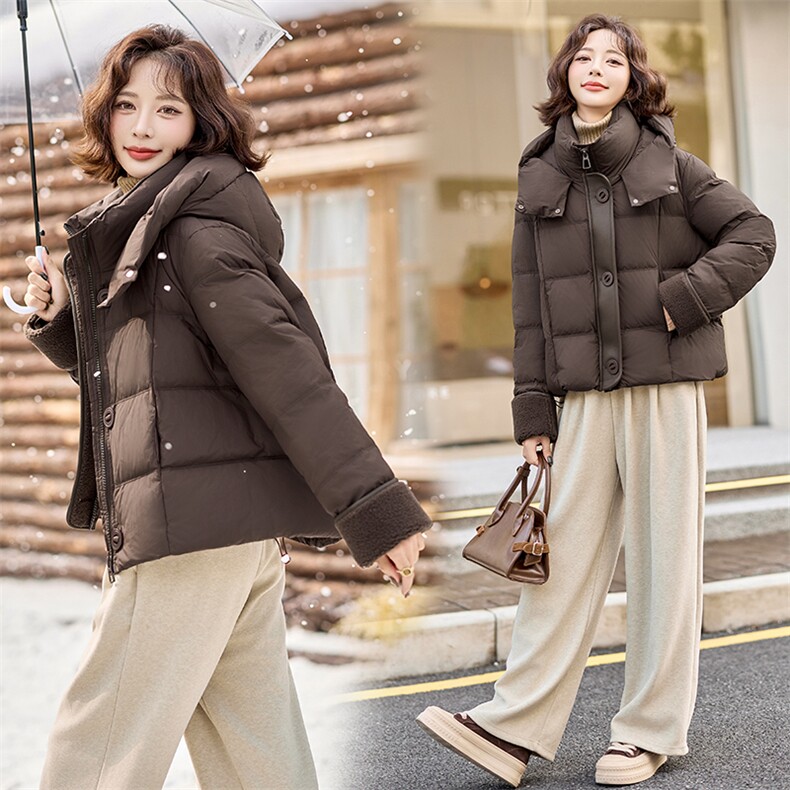 【现货】时尚拼接连帽短款羽绒服女2024冬季新款洋气加厚保暖外套,女装羽绒服,润尚靓点