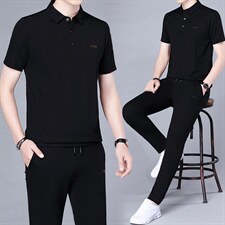 休闲运动套装男夏季新款上衣方领短袖t恤休闲长裤子两件套，男装休闲套装，电商B212（原钱塘6029）