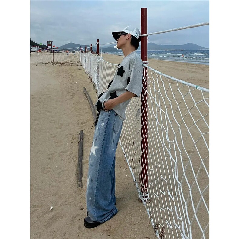 油漆涂鸦五角星牛仔裤男女款做旧宽松直筒裤XX725,男装牛仔裤,星座208-5