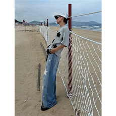 油漆涂鸦五角星牛仔裤男女款做旧宽松直筒裤XX725，男装牛仔裤，星座208-5