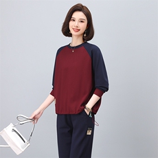 中年妈妈春秋圆领卫衣套装女2025新款休闲减龄运动套装撞色两件套，女装套装/套裙，涵誉
