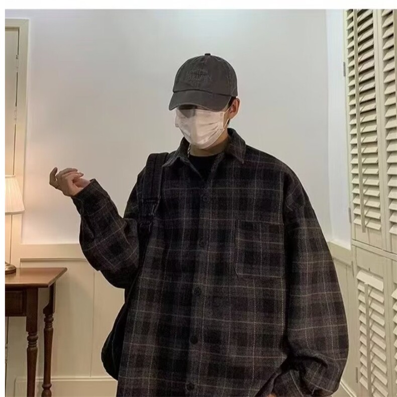 C267-P38格子衬衫男长袖港风高级感外套春秋痞帅日系上衣,男装衬衫,电商B323A