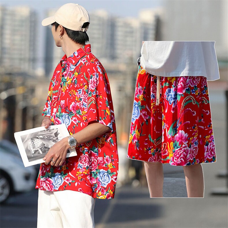 TZP风东北大花汉服套装polo衫短裤大码花TEE套装团队服休闲装，男装Polo衫，星座115A(原星座507）