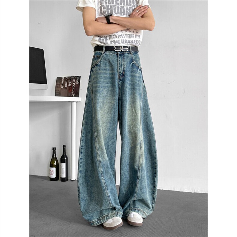 复古弯刀牛仔裤男阔腿宽松香蕉裤子拼接直筒长裤NZK1754-P55有货，男装牛仔裤，星座302B-2