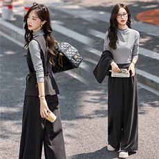 春秋套装裤女2025新款复古小香风绑带收腰打底衫马甲阔腿裤套装裙，女装套装/套裙，流量+