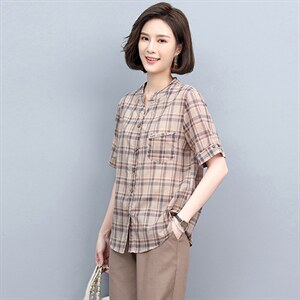 2022年夏季新款短袖衬衣格子衬衫女时尚韩版上衣潮图片