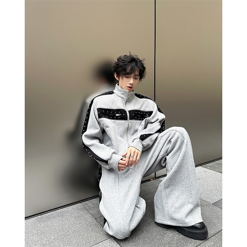 现货！25重工铆钉休闲撞色运动套装TZ16-衣服p128-裤子p88,男装休闲套装,电商B288