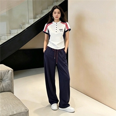 轻奢洋气时尚套装女夏新款条纹拼接半开领短袖上衣阔腿长裤两件套，女装套装/套裙，江南