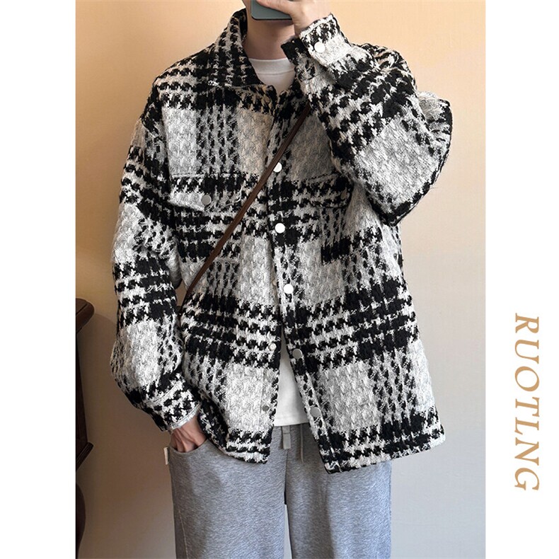 现货-毛呢格子外套男潮牌休闲青少年时尚秋季翻领夹克-JK019-P110，男装夹克，电商A351