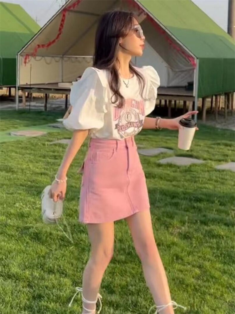 夏季印花木耳边T恤，女装T恤，简蔻