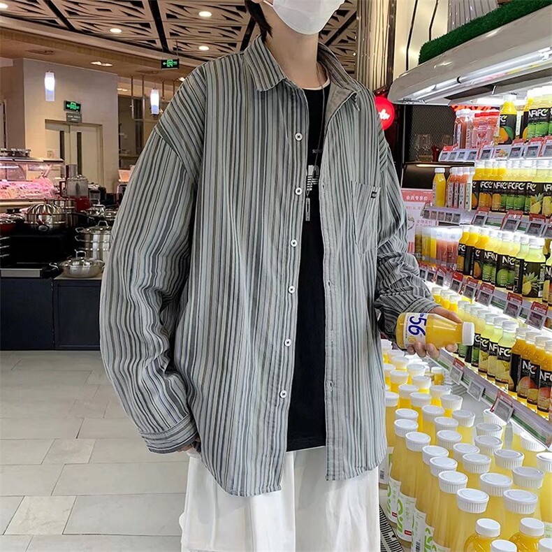 日系宽松条纹衬衫男春秋痞帅ins休闲衬衣C14P33,男装衬衫,星座1116-2