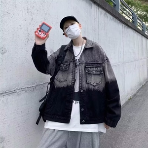 2023港风文艺撞色的牛仔外套男春秋宽松潮流渐变夹克图片