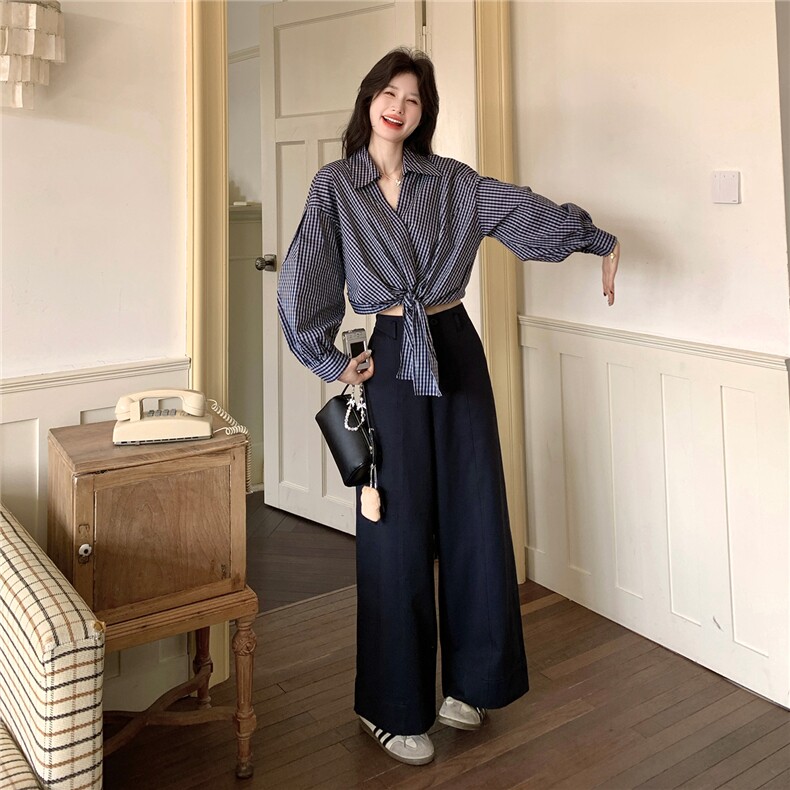 春款现货韩式不规则格子衬衫阔腿裤套装2109P175K288,女装套装/套裙,2C219