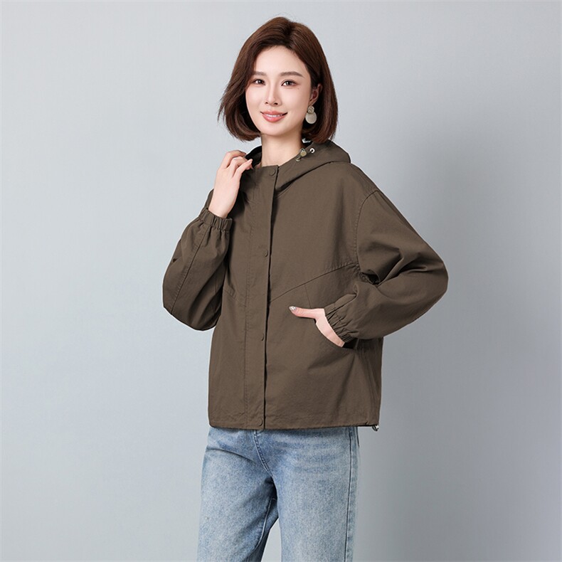 2026春新款纯棉风衣外套短款休闲连帽百搭休闲大码宽松女上衣,女装风衣,秋牧寒烟
