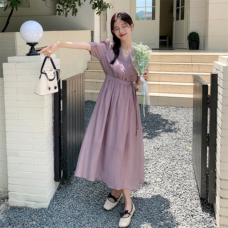 紫色轻熟风V领收腰显瘦连衣裙女2023夏季新款法式气质感桔梗长裙,女装连衣裙,一九零