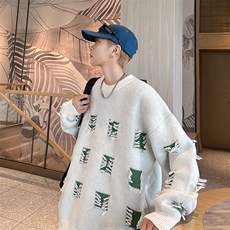 港风秋款男针织衫圆领套头毛衣破洞补丁外套M781P45，男装针织衫/毛衣，星座1013-1