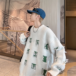 港风秋款男针织衫圆领套头毛衣破洞补丁外套M781 P45图片