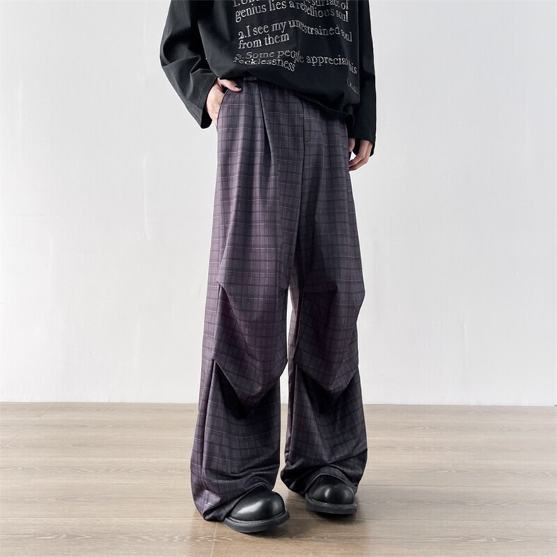 2024新款格子皱褶设计感工装裤直筒速干休闲裤子现货K8249-P40,男装休闲裤,星座512-3