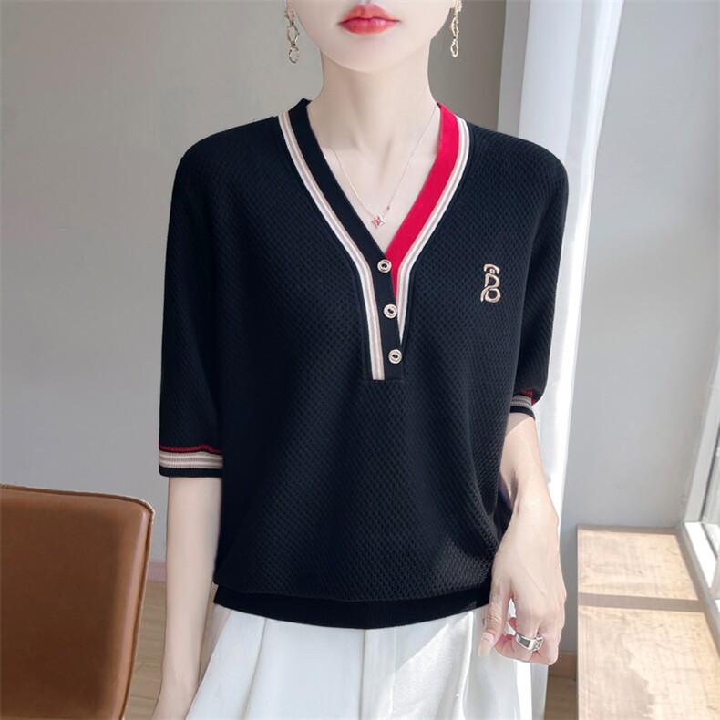 夏季新款莱赛尔天丝撞色V领刺绣短袖女宽松百搭显瘦时尚休闲上衣图片