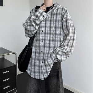 廓形防晒衬衫男夏季长袖冰丝薄款亚麻格子衬衣开衫外套CS29006P50图片