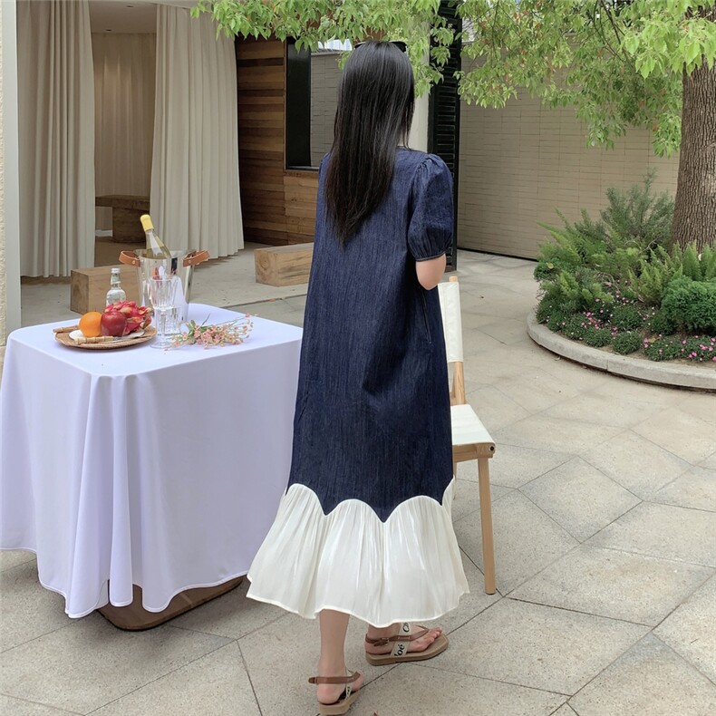 深蓝色复古圆领泡泡袖牛仔连衣裙女2025夏季新款设计感撞色A字裙,女装连衣裙,2C057