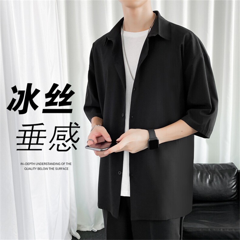 男夏季新款韩版衬衣港风日系宽松大码外套大冰丝五分袖衬衫图片