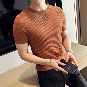 针织衫毛衣男 M22/p45春夏季短袖修身圆领条纹纯色打底衫线衣图片