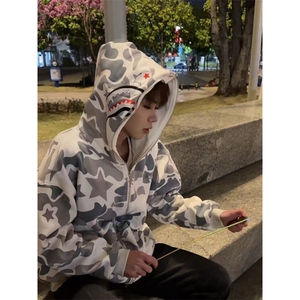 美式高鲨鱼拉链刺绣卫衣男女同款情侣春秋薄款hiphop原创连图片
