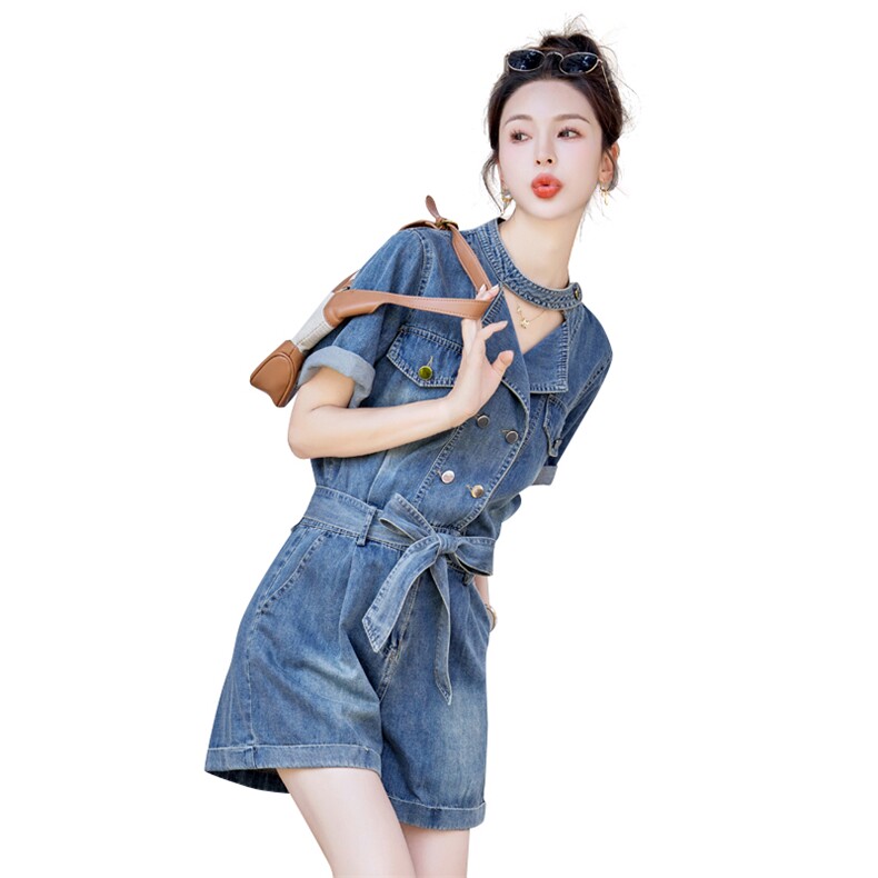 牛仔连体裤女2025夏新款小个子设计感时髦系带休闲宽松连体短裤,女装连体裤,慧尚依恋
