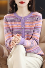 22初春新款开衫女圆领撞色宽松百搭毛衣羊毛衫针织衫外套潮，女装羊毛衫，斯尔特羊绒